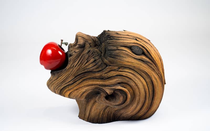 مجسمه سر یک زن با سیبی در دهانش