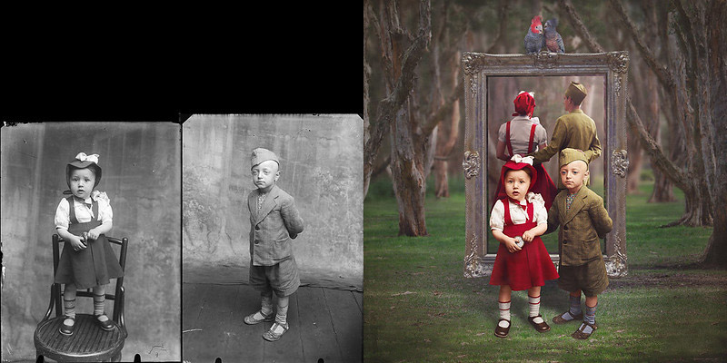 بازسازی دو عکس از دو کودک دختر و پسر در کنار هم؛ اثر جین لانگ