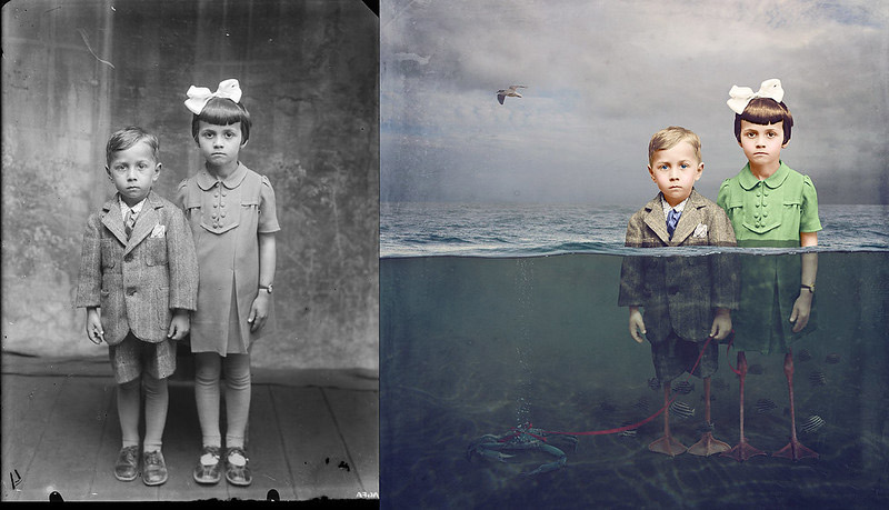 بازسازی سورئال تصویر دختر و پسر کوچک در آب؛ اثر جین لانگ