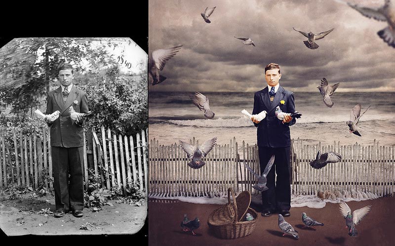 عکس بازسازی شده مرد و کبوتران؛ اثر جین لانگ