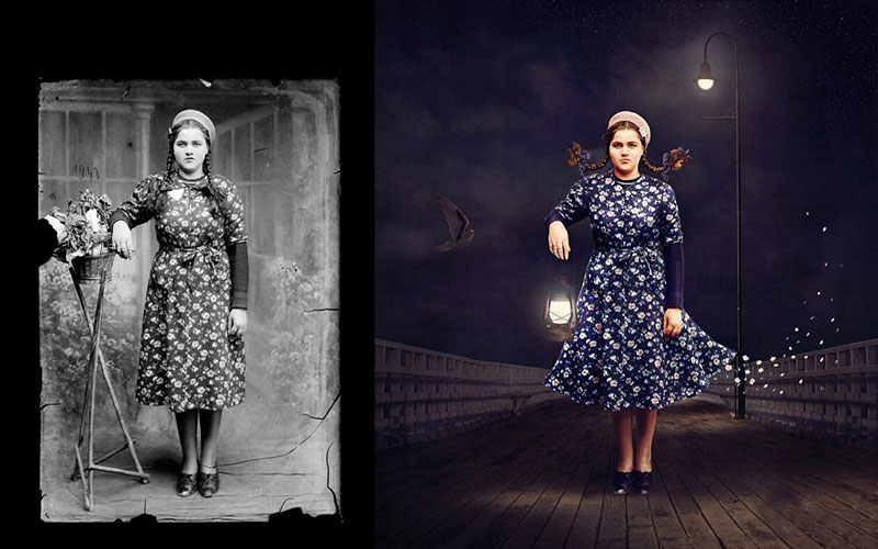 تصویر بازسازی شده زن فانوس به دست  اثر جین لانگ