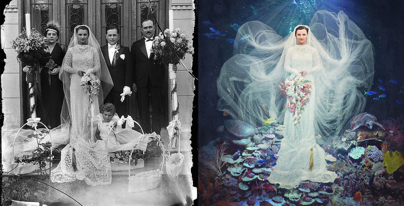 تصویر بازسازی شده زنی در لباس عروسی؛ اثر جین لانگ
