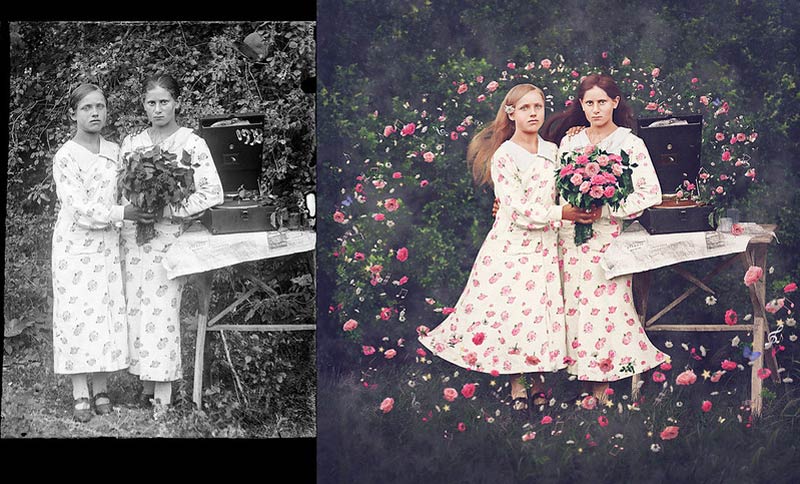 بازسازی عکس قدیمی دو خواهر با پیراهن گلگلی؛ اثر جین لانگ