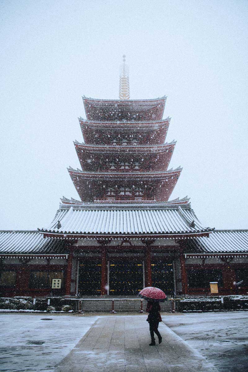 فردی در مقابل یک سازه تاریخی ژاپنی در روز برفی