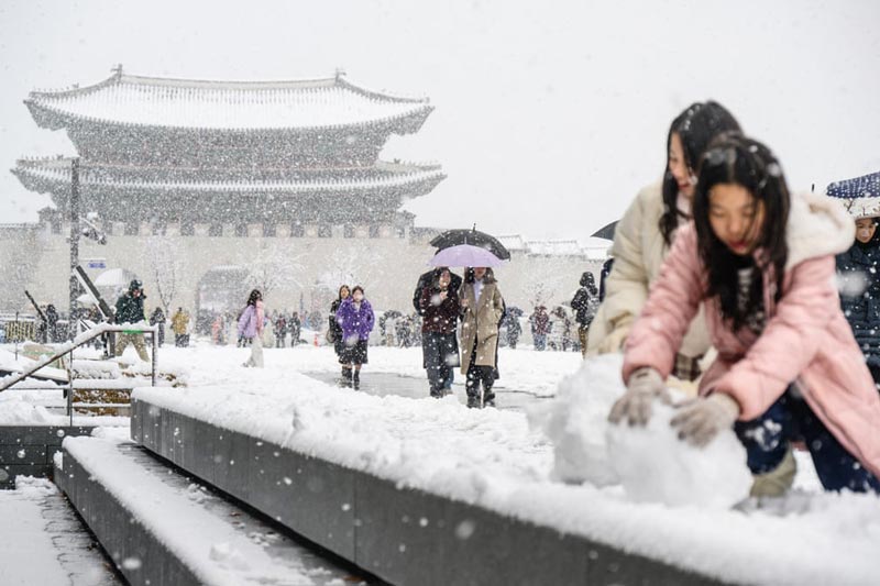 برف بازی در ورودی کاخ Gyeongbokgung در سئول. منبع تصویر: گاردین; عکاس: آنتونی والاس