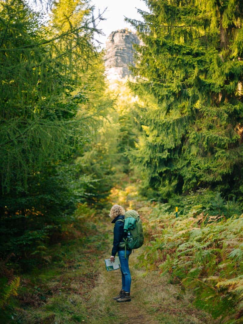 زنی با کوله پشتی در جنگل‌های ساکسون سوئیس