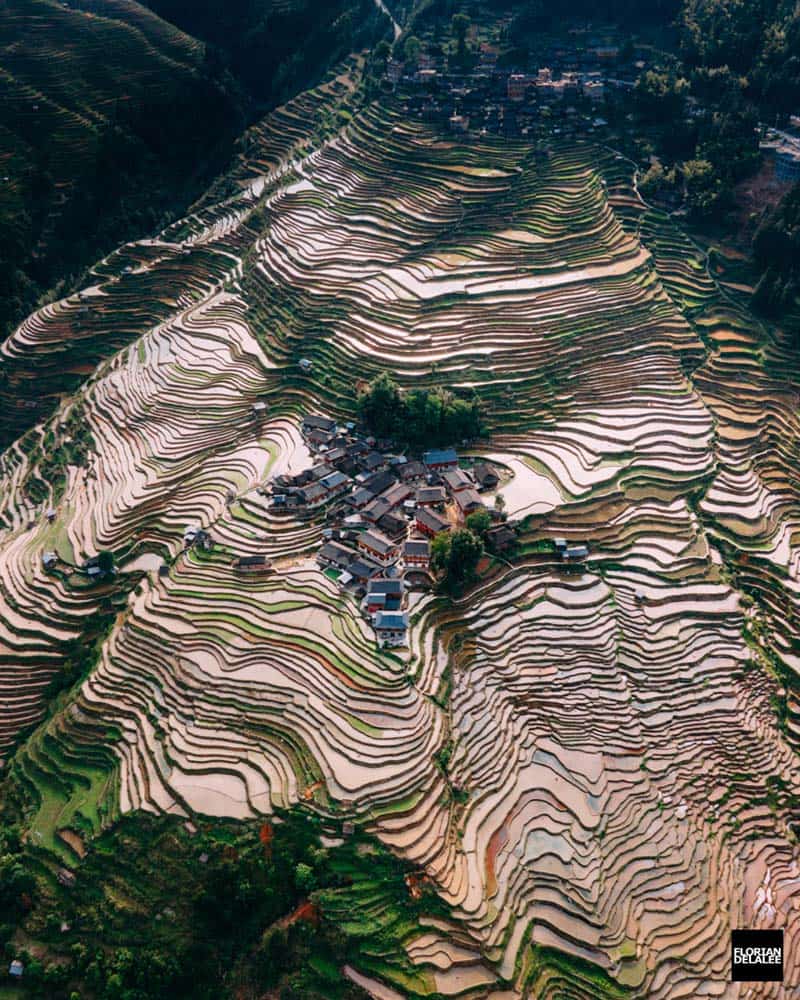 عکس هوایی روستایی در چین با خانه‌ها و تراس‌های برنج