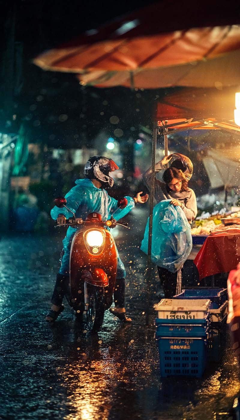 زن و مردی با بارانی آبی رنگ پلاستیکی در شهر چیانگ مای تایلند