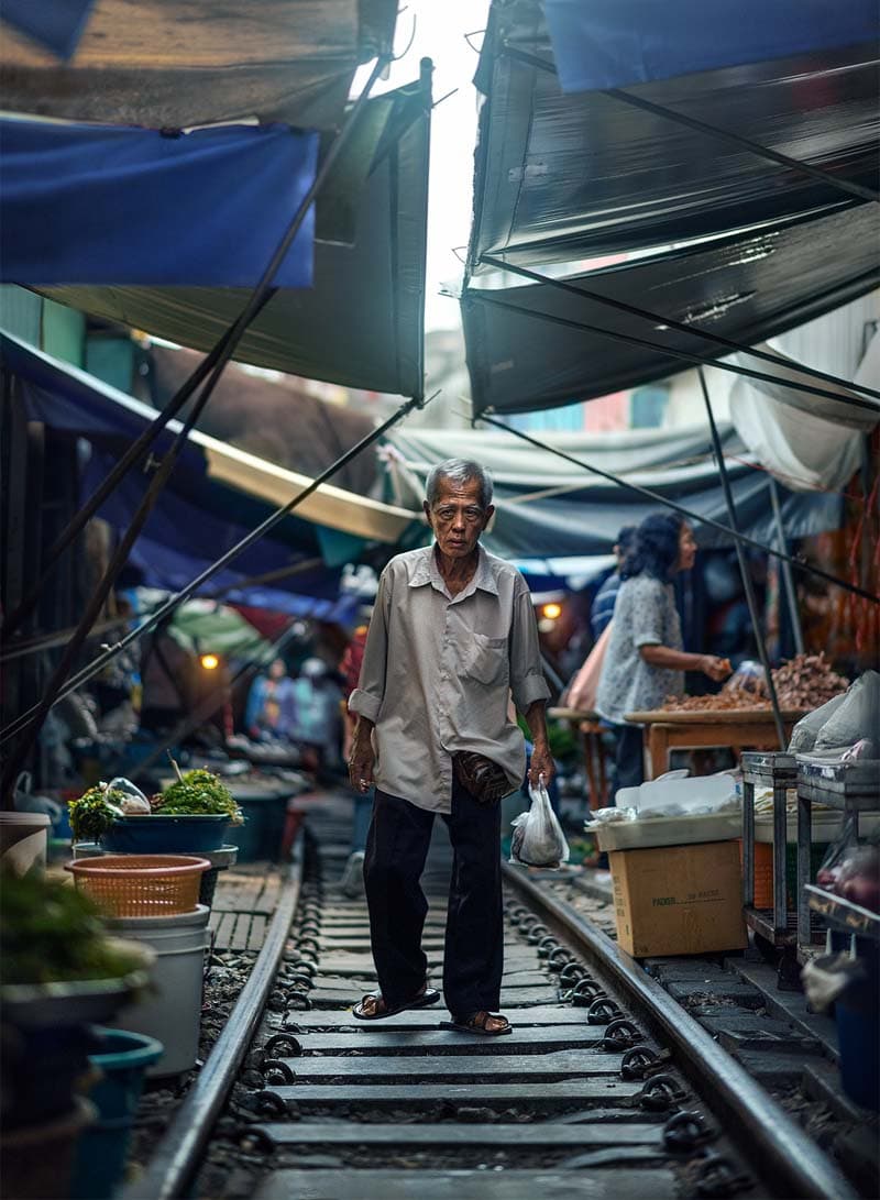 پیرمردی با کیسه خرید در حال عبور از بازار ریلی بانکوک