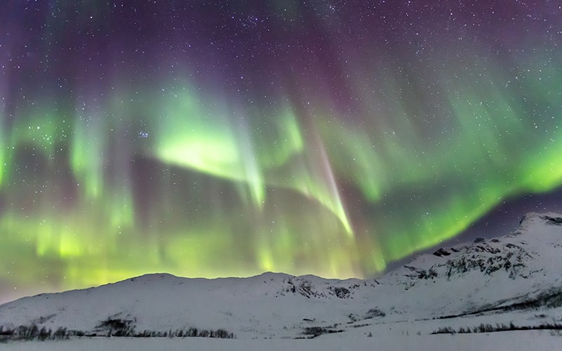 شفق قطبی سبزرنگ در طبیعت برفی نروژ