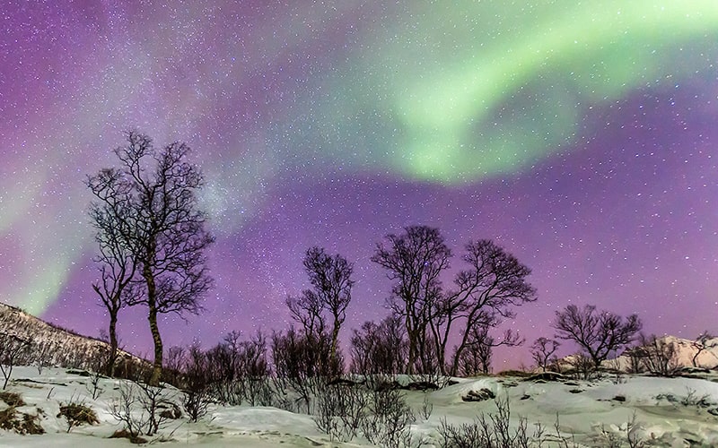 طبیعت نروژ در زیر آسمان رنگی