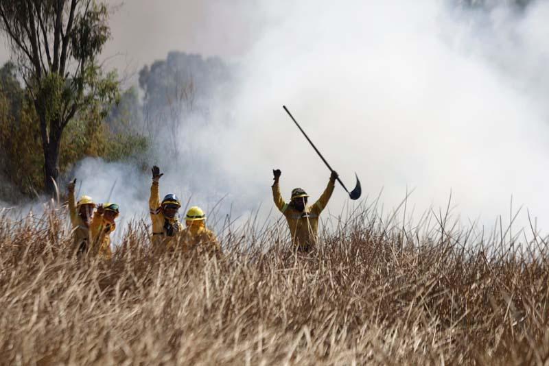 جشن آتش نشانان مکزیکی پس از خاموش کردن آتش در پارک زیست محیطی کوئمانکو (Cuemanco) 