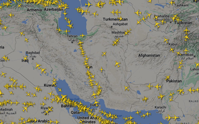 پروازهای عبوری ایران در flightradar24