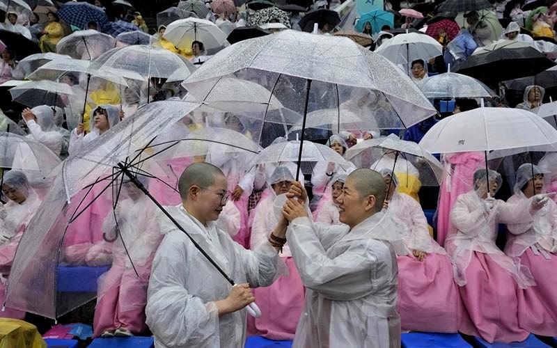 شرکت کنندگان در جشنواره فانوس نیلوفر آبی سئول با لباس بارانی؛ منبع عکس: apnews.com، عکاس: Ahn Young-joon