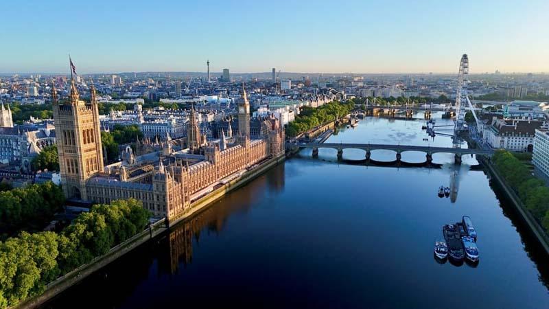 عکس هوایی از کاخ وست مینستر و رودخانه آرام تیمز در لندن